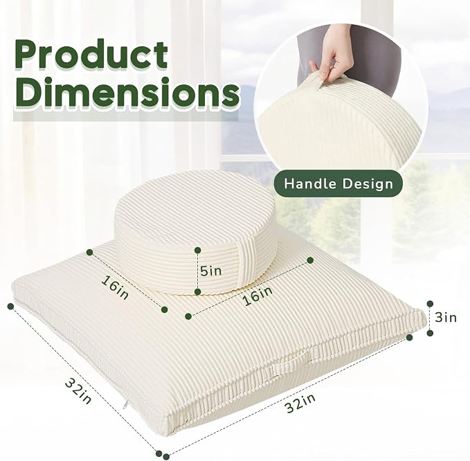 Meditation Cushion Set, Large Meditation Pillow with Ergonomic Support Prayer Pad, Modern Zafu & Zabuton Set to Mindfulness, Yoga, Removable Corduroy Cover, Beige, 32in