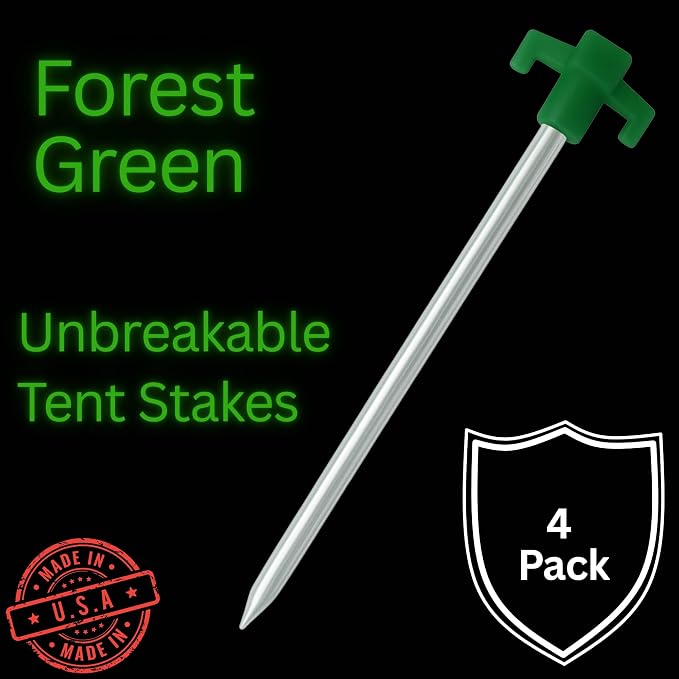 Tricc Unbreakable Heavy Duty Steel Tent/Canopy Stakes, Galvanized Non-Rust 10" Three Pegged Solid, Sturdy Stakes for Outdoor Trips, Camping, Hiking & Gardening. 4 Colors Made in The USA (Green)