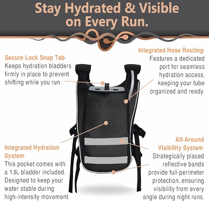 Running Hydration Vest with POV Camera Phone Pocket — Includes 1.5L Water Bladder — Zero-Bounce Stability, Adjustable Straps — Lightweight Reflective Hiking Backpack for Women & Men