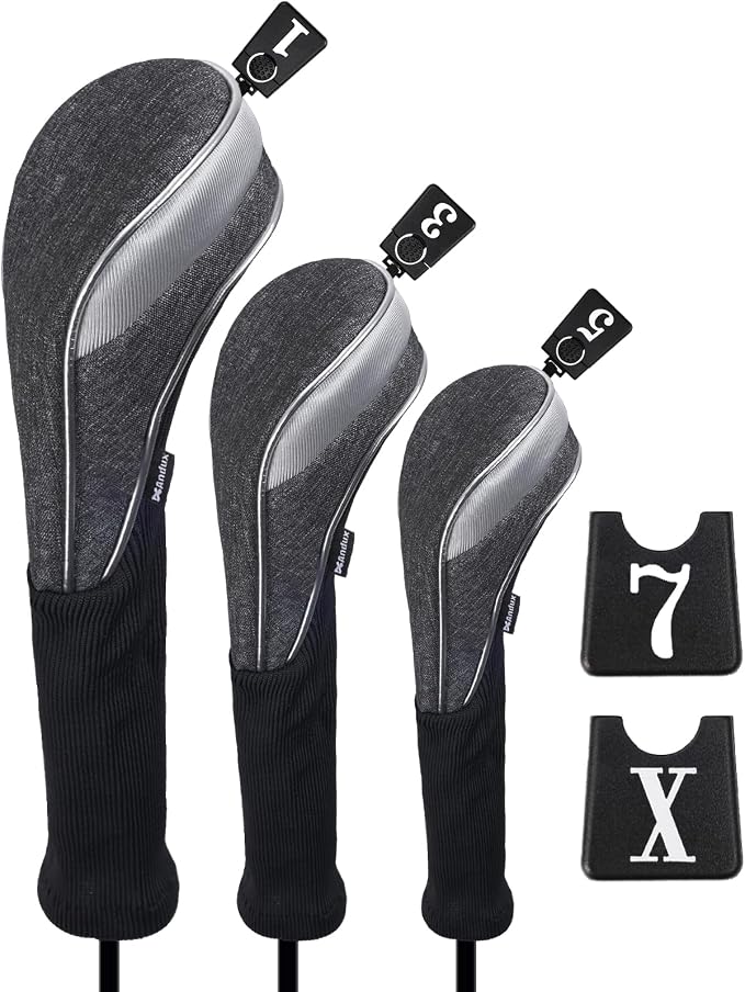 Andux 3pcs/Set Nylon Golf Wood Club Head Covers with Long Neck | for 460cc Driver Fairway Wood Club Silver Piping Pull-On Closure