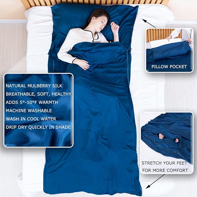 100% Silk Sleep Sack with Zippers on 3 Sides, 87”x43” Large Sleeping Liners for Hotels, Travel & Camping, Multifunctional Travel Sheets (Unzipped:87”x87”) for Adults, Lightweight, All Seasons