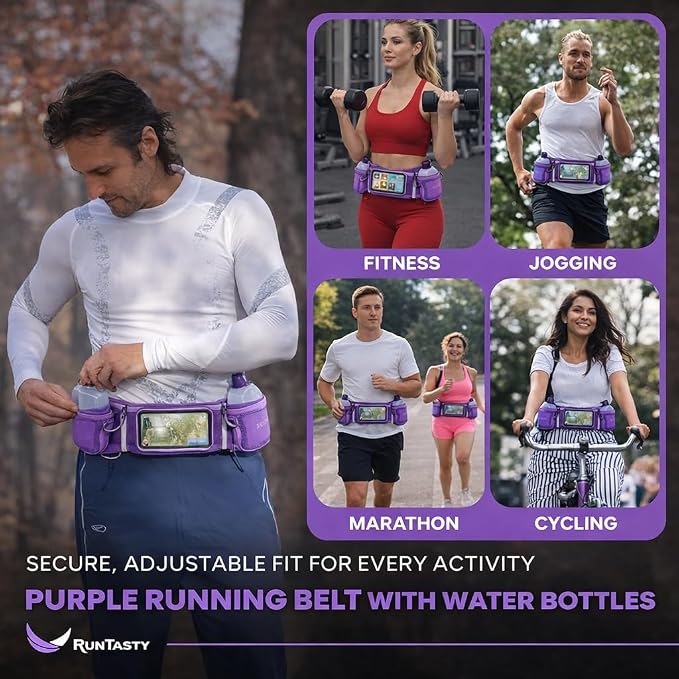 No.1 Hydration Belt by Runtasty - Premium Running Fuel Belt w/2 BPA-Free 10 oz Water Bottles, Tilt-Up Pocket w/Touchscreen-Ready Cover - Fits All iPhones, Runners Ebook & No-Bounce Design