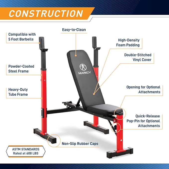 Marcy Deluxe Olympic Weight Bench with Adjustable Back & Bar Catch & Optional Arm Curl, Leg Developer, Lat Tower Attachments (Sold Separately), Personal Home Gym for Strength Training, Weightlifting