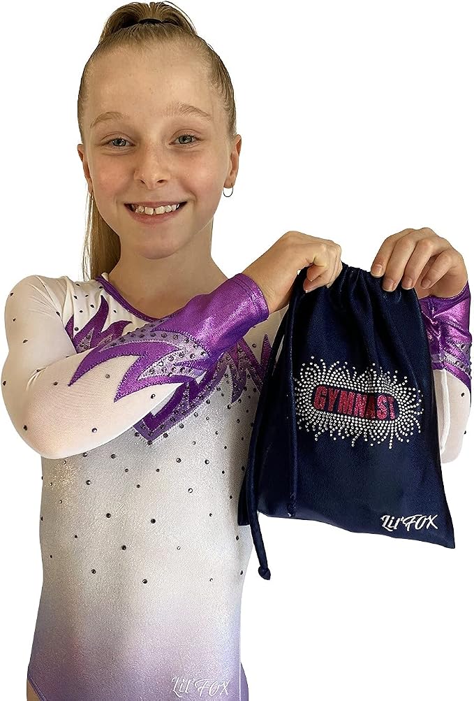 LIL'FOX 8"x10" Drawstring Gymnastics SMALL GRIP BAG 26x20cm - Lightweight Bag for Personal Equipment - Shiny Foil Rhinestones