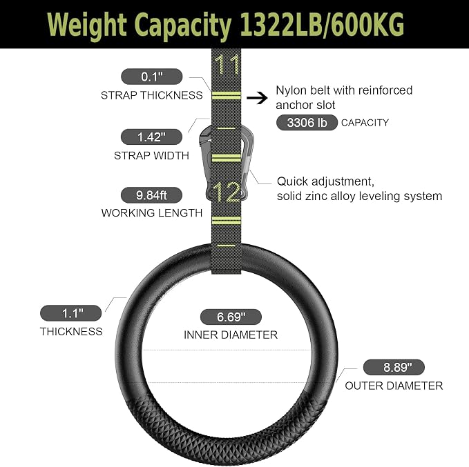 QUOLIX Gymnastic Rings with Adjustable Straps, Non-Slip Pull Up Rings with Straps, 1300lbs Exercise Rings with Straps for Home, Gymnastics Rings for Home Gym, Workout, Exercise, Training, Calisthenic