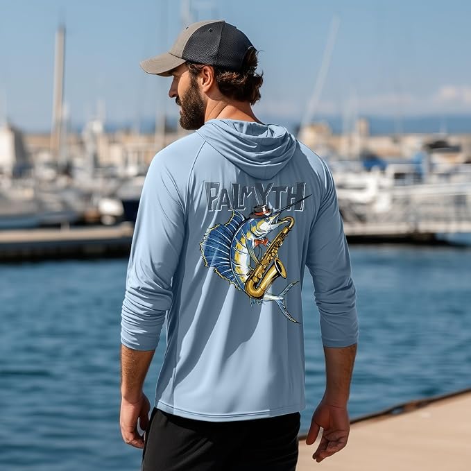 Palmyth Fishing Hoodie for Men Long Sleeve Sun Protection UV UPF 50+ Shirts | Hidden Zipper Pocket, Thumb Loops, Quick-Dry, Side Mesh Panels, Lens Cleaning Cloth, 4-Way Stretch