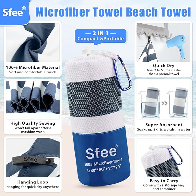 Sfee 4 Pack(8Pcs) Microfiber Travel Towel, Beach Towel Quick Dry Towel Camping Towel Super Absorbent Compact Lightweight Sports Gym Towels for Beach, Gym, Hiking, Pool, Backpacking, Bath, Yoga
