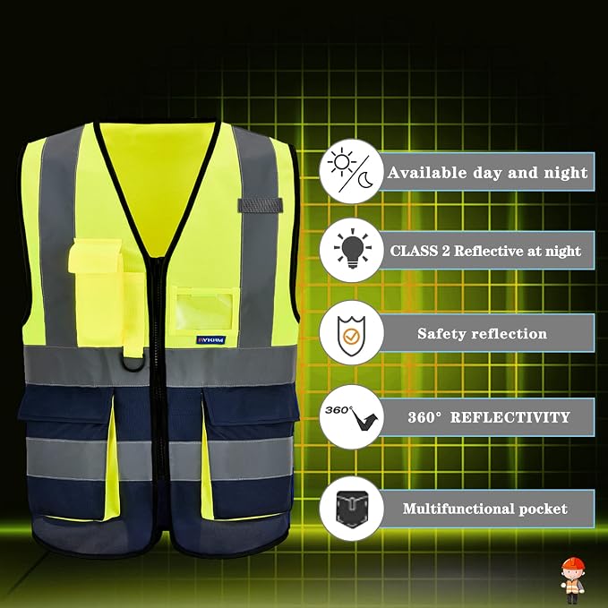 A-SAFETY Reflective Safety Vest,Hi Vis 7 Pockets High Visibility Zipper Front Safety Vest,Yellow&Navy Color Mixed, XXXL