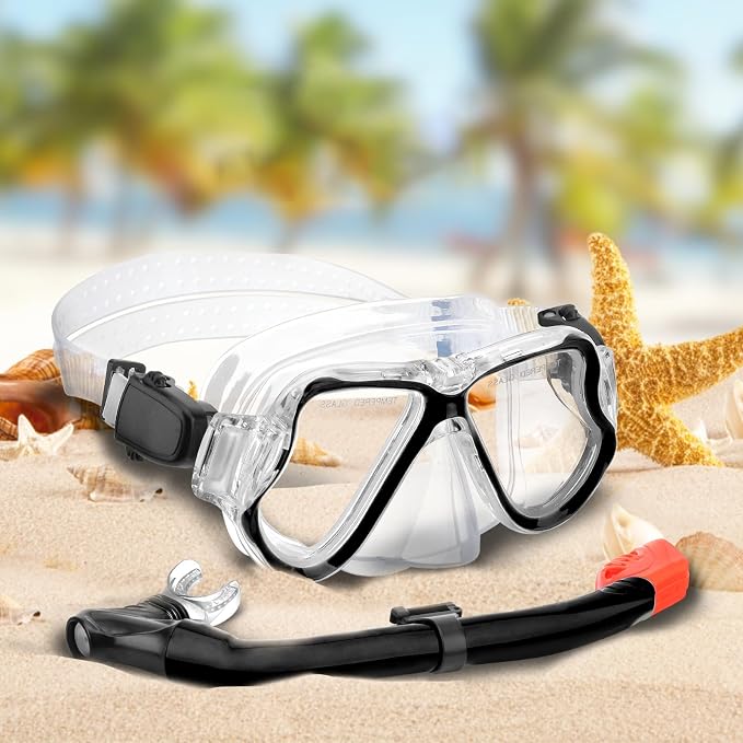Snorkeling Gear for Kids, 4 in 1 Child Mask Fins Snorkel Set with Panoramic View Anti Fog Mask, Dry Top Snorkel, Trek Fins and Travel Bag, Kids Snorkeling Set with Fins for Snorkeling Swimming