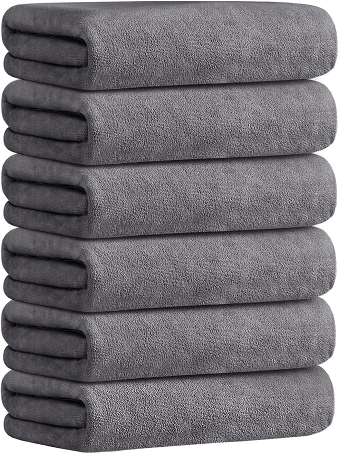 JML Large Microfiber Bath Towels Set 6 Pack (30" x 60") - Soft, Absorbent, Quick Drying Bathroom Towel with Hanging Hook for Adult, Swim, Gym, Spa, Fitness, Sports, Yoga, Grey