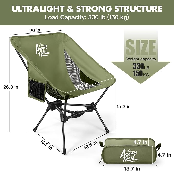 AuroraTrail Ultralight Backpacking Camping Chair – Only 2.7 lb, Supports 330 lb, Compact Folding Outdoor Seat with Carry Bag, 7075 Aluminum Frame for Hiking, Camping & Festivals (Green)