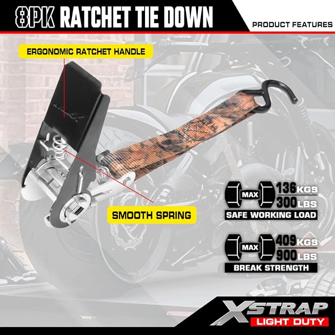 XSTRAP STANDARD 8-Pack Ratchet Tie Down Straps, 1" x 10ft, 900lb Break Strength Heavy Duty Straps for Motorcycles, ATVs, Lawn Equipment, Appliances & Truck Cargo - Camouflage