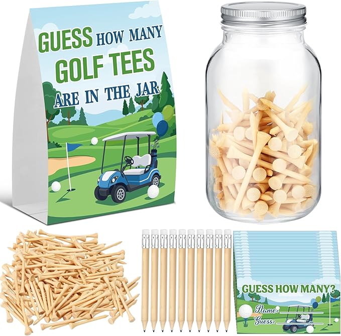 162 Pcs Golf Party Games Guess How Many Golf Tees Are in the Jar with 1 Stand Sign 50 Guess Cards 100 Wooden Tees 10 Pencils 1 Mason Jar for Golfer Themed Baby Shower Birthday Party Activity