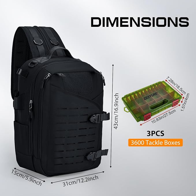 Goture Black Tackle Bag with Trays, Fishing Backpack for Men Professional Fishing Gear Organizer with MOLLE System, Rod Holder