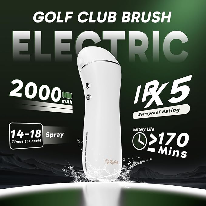 KELOB Electric Golf Club Cleaner Brush – 360° Auto-Rotating, 100ml Water Tank, 2000mAh Type-C Rechargeable, 2-Speed & 2 Brush Heads – High-Pressure Spray for Grooves, Ideal Golf Gift