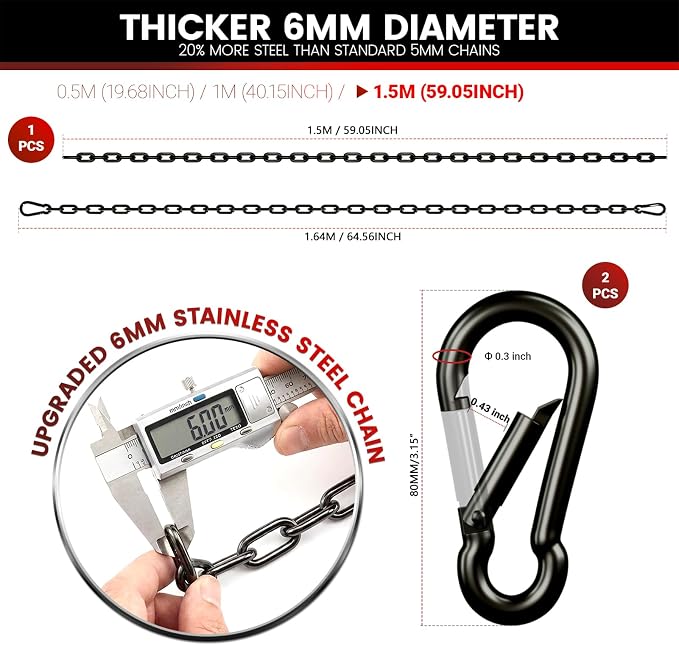 sprookber 1000LB Heavy Duty Hanging Swing Chain, 6mm Thick 304 Stainless Steel Hanging Chain with 2 Carabiners, 67" Hardware Kit for Hammock, Hanging Chair, Punching Bags, Tree, Indoor & Outdoor