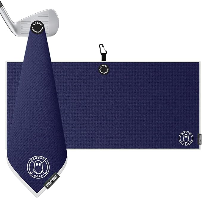 Ghost Golf Magnetic Towel (Caddie) - Premium Ultra-Absorbent Microfiber Golf Towel with Magnet for Golf Carts or Clubs - 18" x 40" Golfing Gear - Waffle Weave Pattern (Navy)