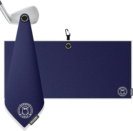 Ghost Golf Magnetic Towel (Caddie) - Premium Ultra-Absorbent Microfiber Golf Towel with Magnet for Golf Carts or Clubs - 18" x 40" Golfing Gear - Waffle Weave Pattern (Navy)