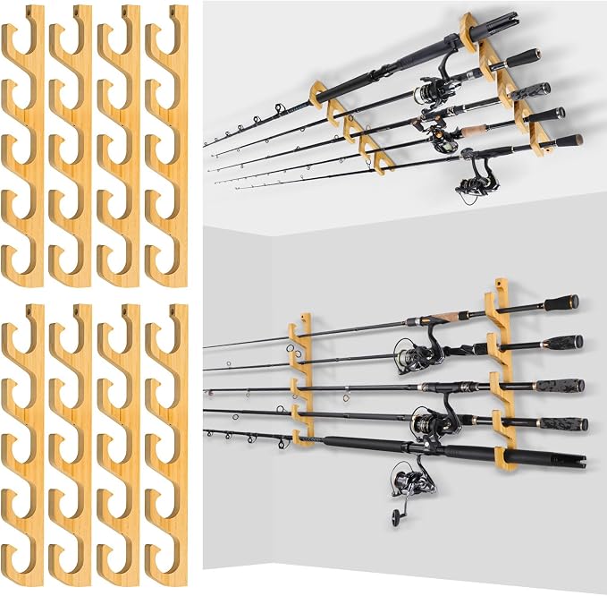 PLUSINNO H5W Horizontal Fishing Rod/Pole Holders for Garage, Wall or Ceiling Mounted Rack, Solid Wood Fishing Rod Holder Holds up to 5/10/20 Rods or Combos Fishing Gear, Gifts for Men