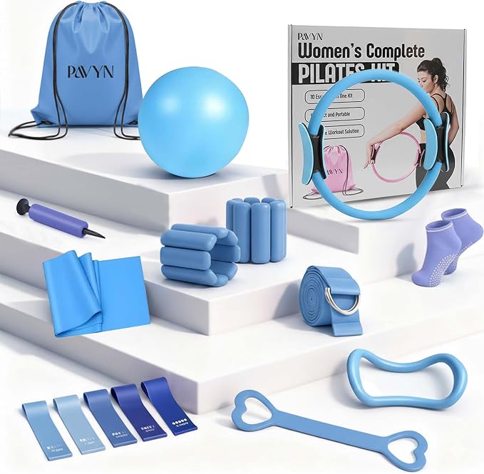 Pilates Kit for Women – 16 Pcs Home Pilates Equipment Set with Magic Circle Ring, Ball, 5 Resistance Bands, Yoga Strap, Ankle Weights, Grip Socks & More | Pilates Starter Kit