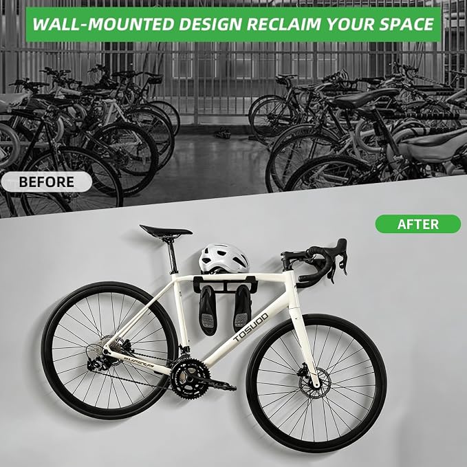Bike Wall Mount Rack Indoor Bike Storage Garage Bike Rack Wall Mount with Shelf and Hooks Store Your Helmet and Shoes Heavy-Duty Adjustable Bike Hanger for a Single Road, Mountain Bicycle