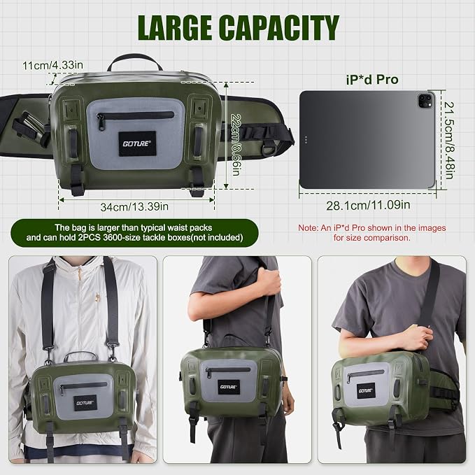 Goture Waterproof Fishing Waist Pack,IPX8 840D TPU Large Tackle Bag with Rod Holder,Airtight Zipper Closure,Fly Fishing Bag with Adjustable Waist Strap,Sling Fanny Pack with Lanyard,Forceps,Nipper