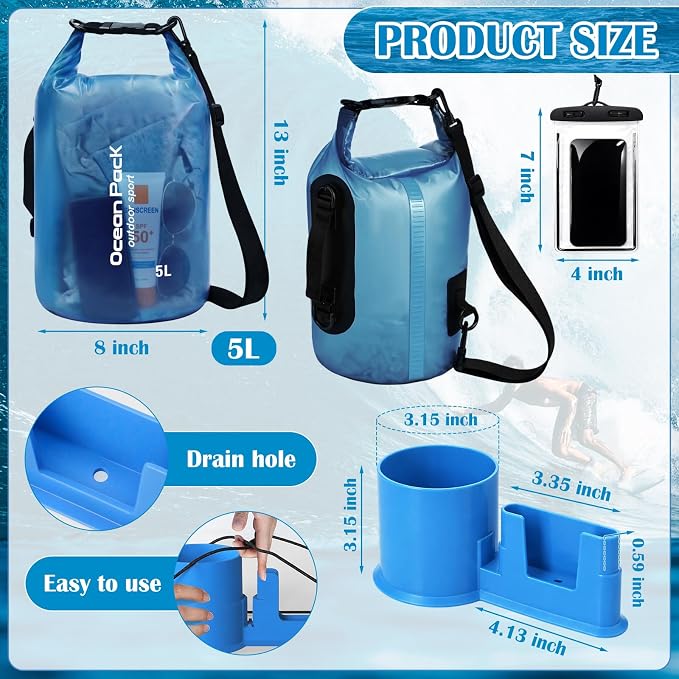 Thinkday 3 Pcs Paddle Board Accessories Include 5L Waterproof Dry Bag for Women Men 2-in-1 Paddleboard Cup Holder Waterproof Phone Case Roll Top Lightweight Storage Bag for SUP Kayak Boat (Blue)
