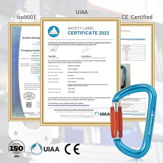 NewDoar 28KN UIAA & CE Certified Auto Climbing Carabiner Professional Heavy Duty Caribeaner for Rappelling D-Shaped