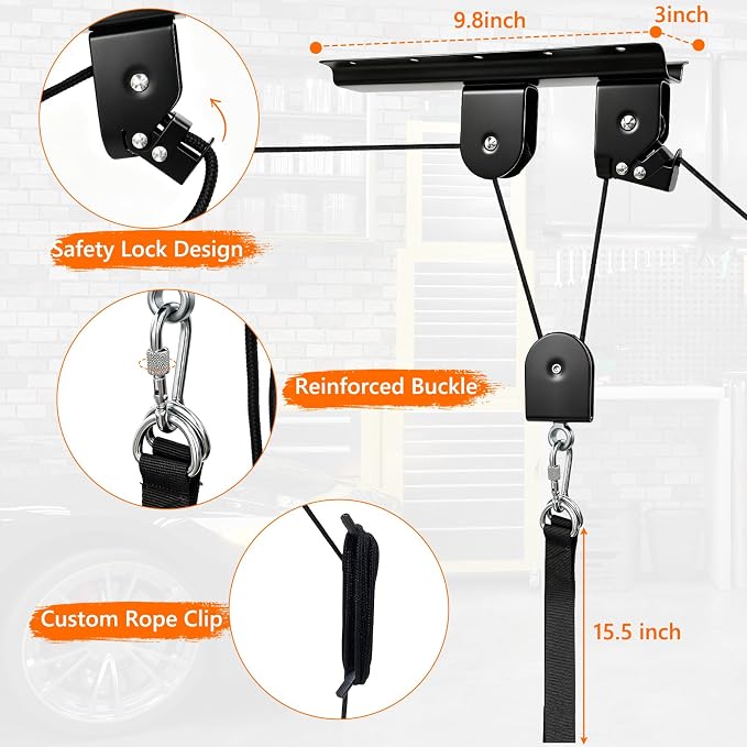 Bike Hoist,Ceiling Mount Bike Hanger,Heavy Duty Bike Hangers for Garage,Bike Pulley System for Garage,Holds Up to 100 lbs,Ceiling Bike Hanger for Ebike,Road Bike,Fat Tire,Snowboard(2 Pack)