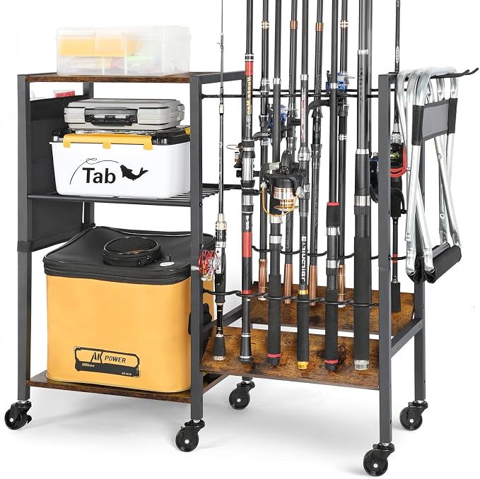 Olakee Fishing Rod Holders, Rolling Fishing Rod Rack for Garage & Boat, Tackle Box & Reel Holder Cart, Easy Assembly Fishing Gear Management System, Ideal Birthday Gift for Men Dad Anglers