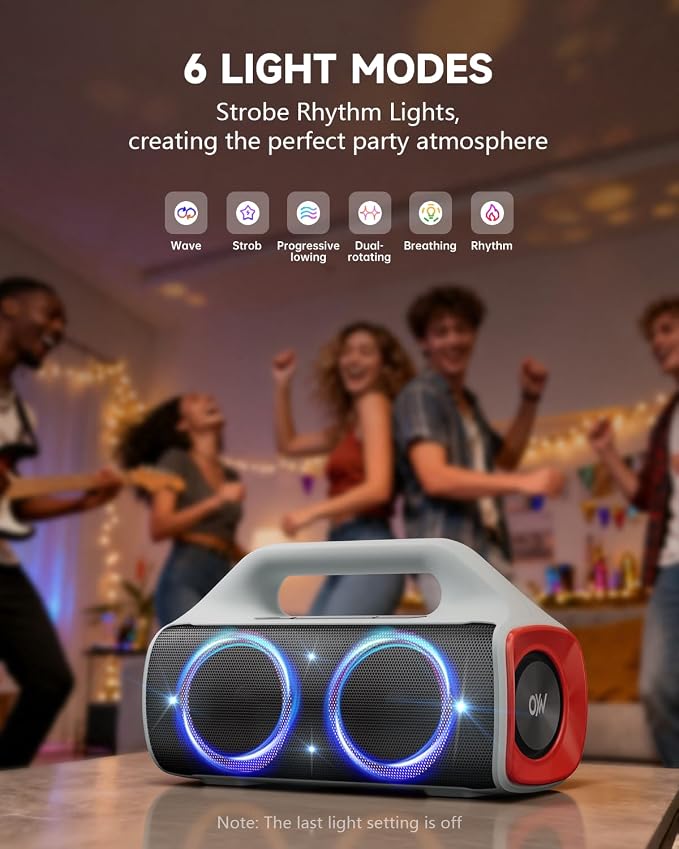 IP67 Waterproof Bluetooth Speaker:80W(Peak) Loud Outdoor Portable Wireless Party Speakers with LED Lights,20H Playtime,Bluetooth 5.3,Deep Bass & TWS for Pool,Beach（White）