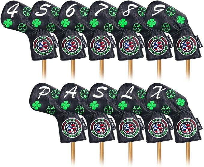 Big Teeth Golf Iron Covers Iron Head Covers, Lucky Clover Iron Covers Long Neck Golf Iron Head Covers, 11Pcs Golf Iron Covers Set Golf Club Covers for Irons Fit Taylormade SIM Cleveland Etc