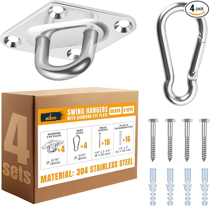 Albo Diamond Plate 2650lbs Swing Hangers 4 PCS - Heavy Duty Ceiling Mount Hooks with Snap Carabiners, 304 Stainless Steel for Wood & Concrete & Metal, Indoor Outdoor Anchor for Hammock, Yoga, TRX