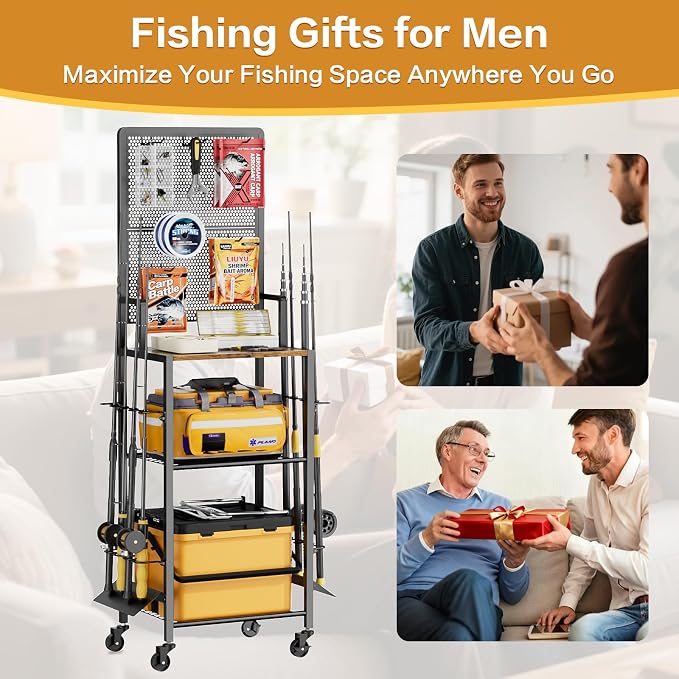 Olakee Fishing Rod Holders, Rolling Fishing Rod Rack for Garage & Boat, Tackle Box & Reel Holder Cart, Easy Assembly Fishing Gear Management System, Ideal Birthday Gift for Men Dad Anglers