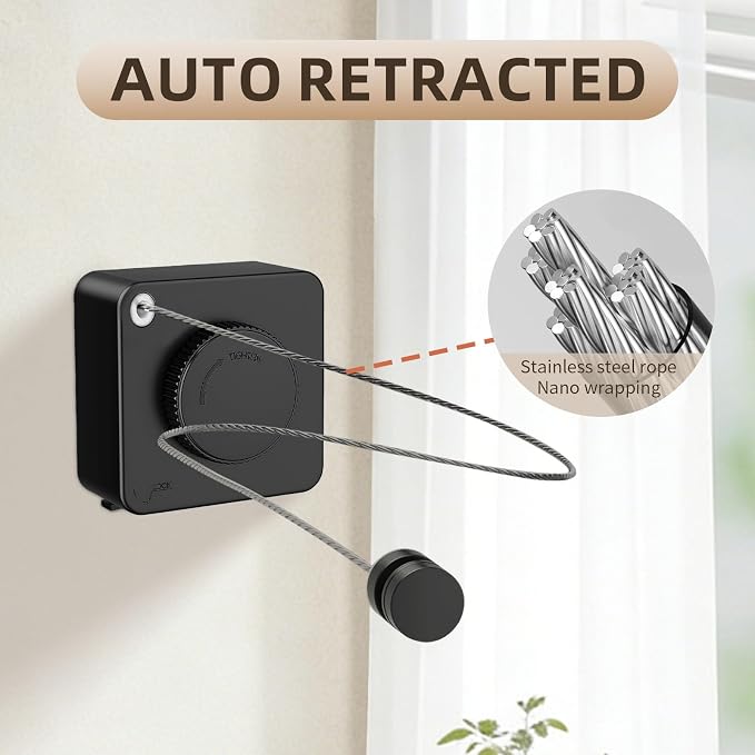 Anti-Sag Retractable Clothesline 40LB Capacity - 201in Stainless Steel Laundry Line for Indoor Outdoor, Wall Mounted Space Saving Easy Install (Black, with Pole)