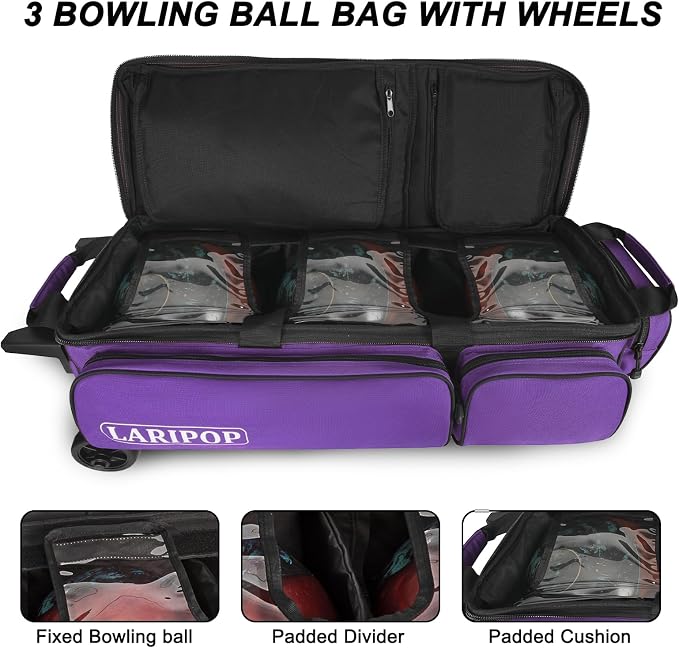 LARIPOP 3 Ball Bowling Bag with Wheels and Shoe Compartment, Rolling Bowling Bag for 3 Balls, Heavy Duty Bowling Roller Bag with Retractable Handle for Men Women
