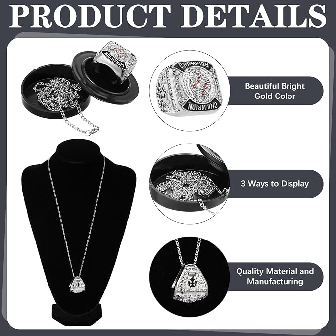Landical 6 Pack Baseball Rings Softball Championship Rings Ball Games Championship Trophy Rings Sport Award Gift with Display Neck Chain and Stand for Tournament or League Champion Winner