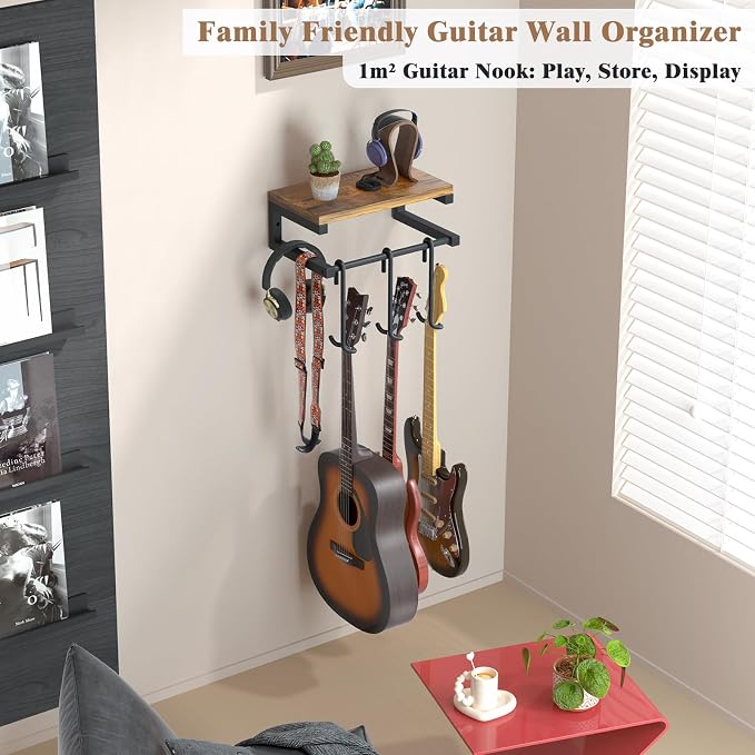 Keebofly Guitar Wall Mount Hangers Holds 3 Guitars with Rustic Shelf, 3-Detachable Guitar Hooks Universal Fit for Acoustic, Electric, Bass & Ukulele (Brown)