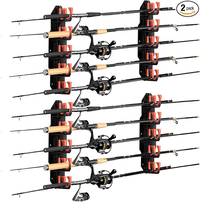 Hikeen Fishing Rod Holders, Fishing Pole Holders for Garage, Wall or Ceiling Mounted Fishing Rod Rack Holds Up to 10 Rods(2 Pack)