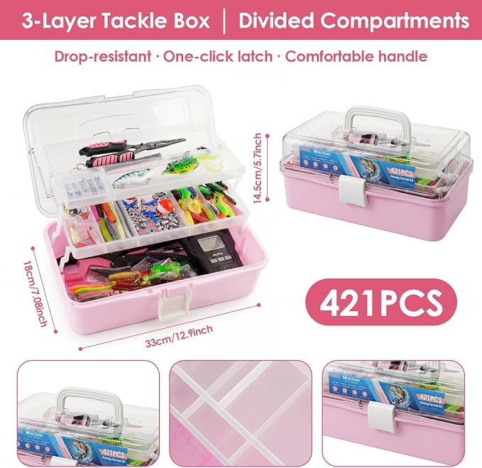 Fishing Lures Kit, 421PCS Tackle Box-(Pink) | Included Fishing Pliers, Hooks, Soft Baits, Weights,Accessories - Complete Freshwater Bass Fishing Gear Kit for Men with Gift