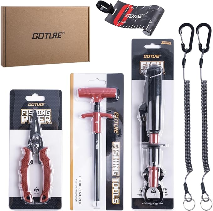 Goture Fishing Tool Kit,Fishing Pliers,Fillet Knife with Sheath,Fish Lip Gripper,Fish Hook Remover,Lanyard,Line Scissors,Sharpener,Stainless Steel Soap,Saltwater Gear Kit,Red/Pink,Gifts for Men/Women