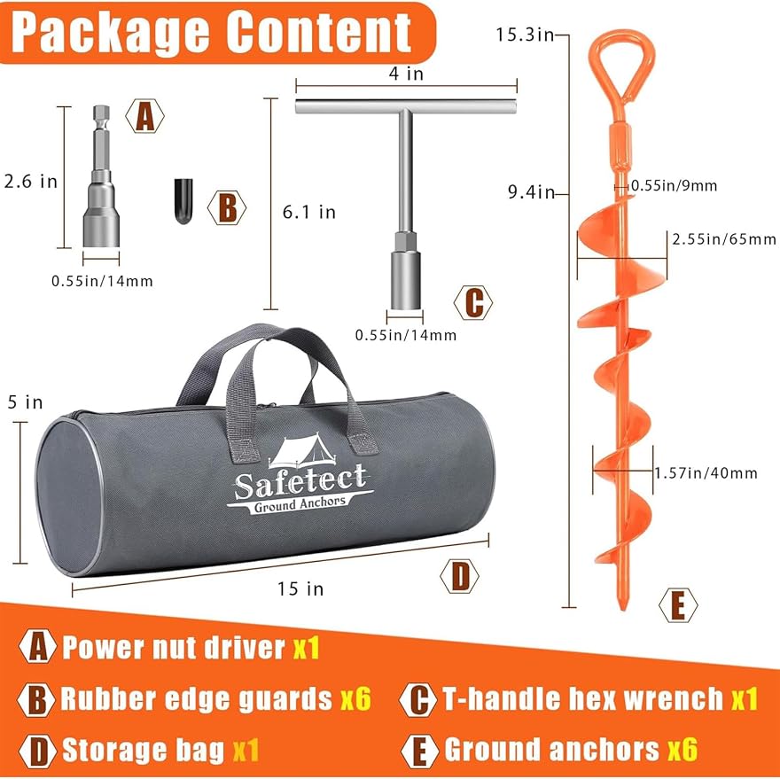 Ground Anchors Screw in 15 Inch, 6 Pack Spiral Trampoline Anchors Stakes Heavy Duty, Swing Set Anchors Tent Stakes for Camping, Car Ports, Canopies, Sheds, Securing Animals