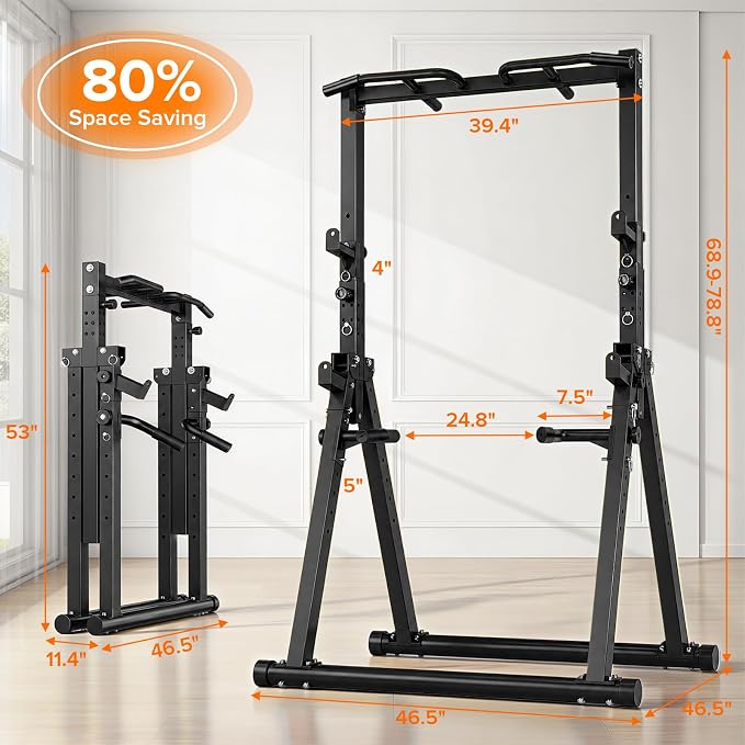 700LBS Foldable Power Tower Pull Up Bar - Multi-function Power Tower Dip Station with Adjustable Height for Home Gym, Portable Free Standing Strength Training Equipment for Indoor & Outdoor