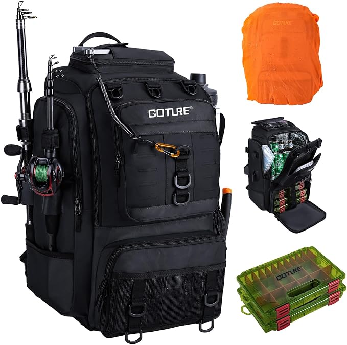Goture 40L Large Black Fishing Backpack, 900D Tear-Resistant Tackle Bag with Cooler & Rain Cover & 3600 Trays, Freshwater Saltwater