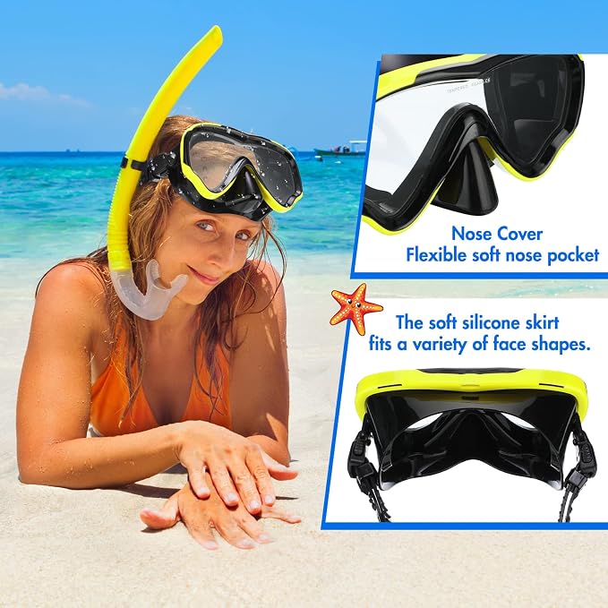 4 Pcs Snorkeling Goggles for Adults Scuba Diving Mask Anti Fog Dive Mask Snorkeling Gear for Men Women Panoramic Swimming Goggles with Nose Cover for Diving, Swimming (Black, Yellow, Red, Rose Red)