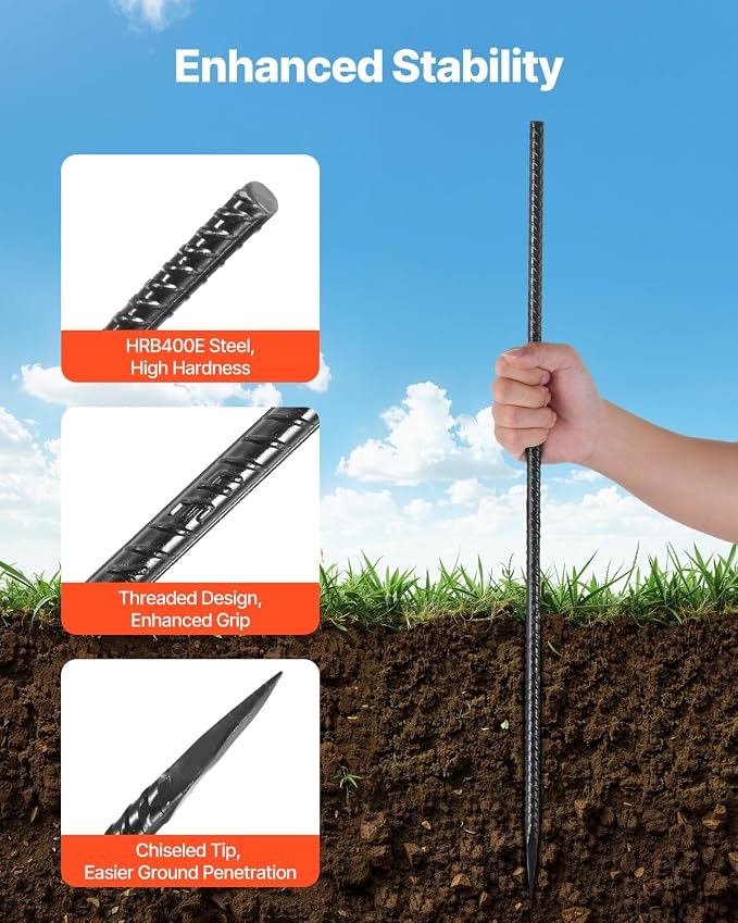 VEVOR Rebar Stakes, 24-Inch, Heavy-Duty 0.47 in Diameter, Straight Galvanized Steel Ground Anchors with Chisel Point End & Rust-Resistant Coating, for Gardening Support, Fence, Camping Tents (20-Pack)