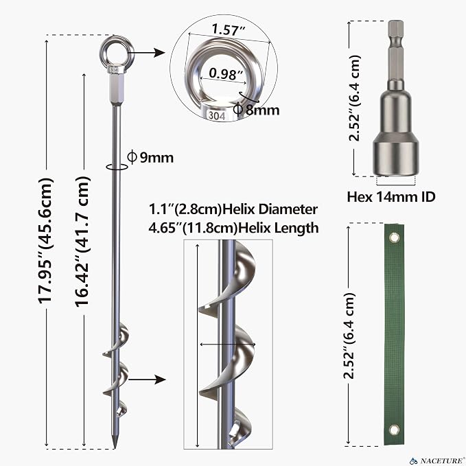 NACETURE 18-Inch Heavy Duty Ground Anchors Screw in, 4 Pack Earth Anchor Kit with Manual & Power Wrench, Tie-Down Straps and Stainless Steel Eye Bolts for Trampoline, Swing Set, Shed, Tent and Canopy