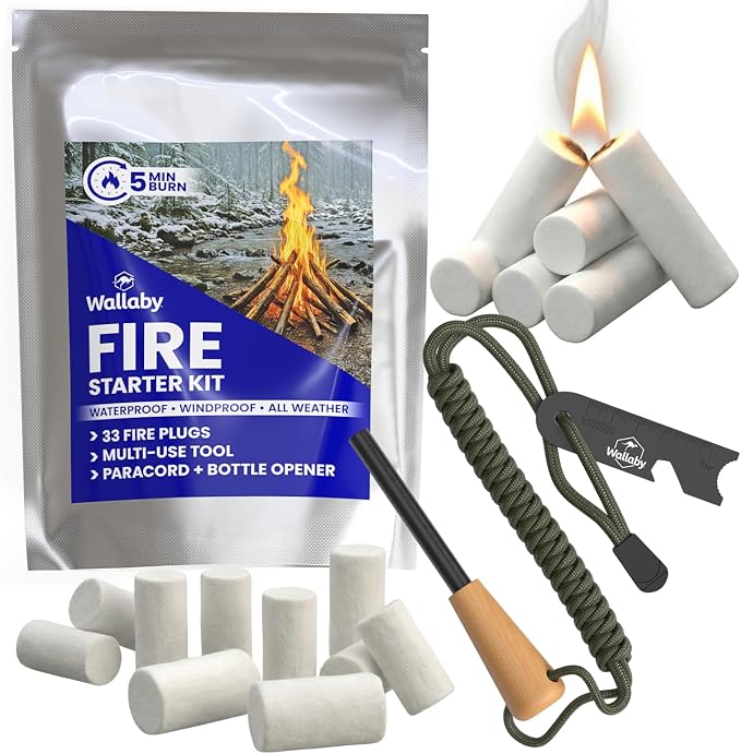 Wallaby Fire Starter Kit - 33 Waterproof Plugs in Metal Tin + Flint Rod Striker Multi-Tool, Pocket Survival Guide, Airtight Mylar Storage Bag – Camping, Emergency, Grill, Fire Pit