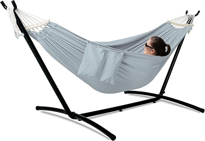 Gafete Double Hammock with Stand for Outside, Upgraded Spreader Bar, Heavy Duty Space Saving Steel Stand 2 Person, Side Pockets, Easy Assembly, 600lbs Weight Capacity, Indoor & Outdoor (Light Grey)
