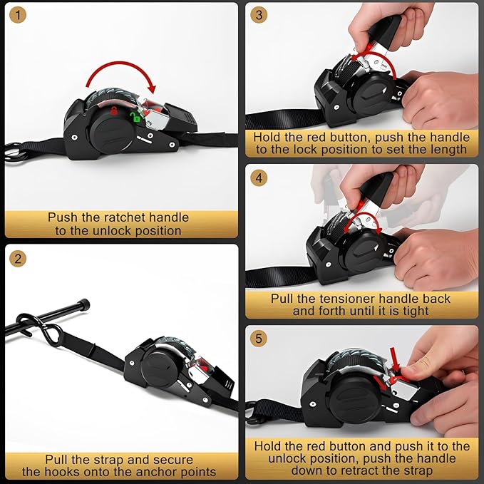 Retractable Ratchet Straps (4-Pack) - 1 Inch x 10 Ft (1800 LB Break Strength) Heavy Duty Polyester with Soft Loops & Storage Bag for Household, Motorcycle, Truck, ATV (Black)